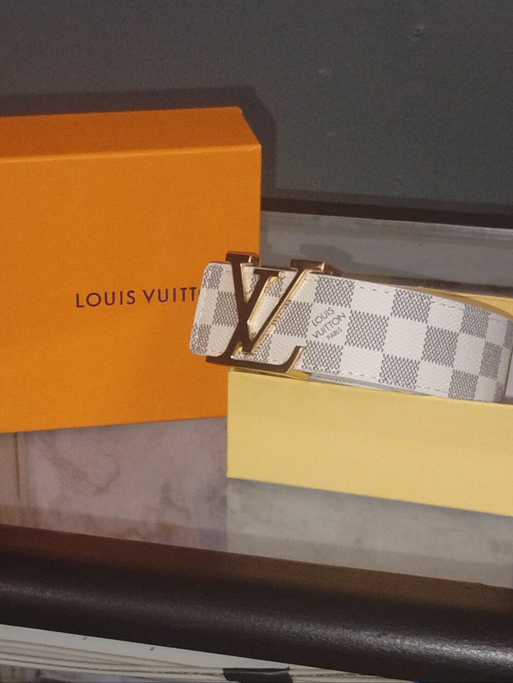 Louis Vuitton White Damier Azur Canvas Belt with Gold LV Buckle